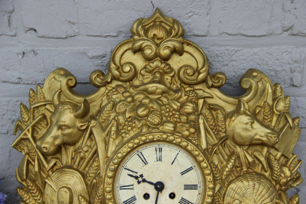 Antique Cast iron Farm animals Horse cow goat wheat gold gilt wall clock rare