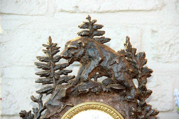 Antique Black forest Cast iron bear hunting sheep animal theme mantel clock