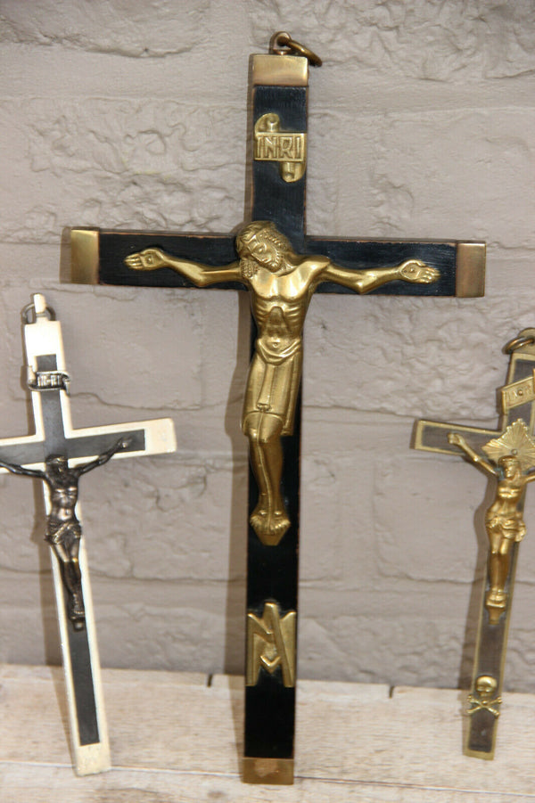 Set 3 antique french religious metal wood crucifix