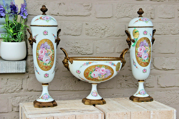 Gorgeous French Limoges porcelain vase centerpiece set caryatid putti heads rare