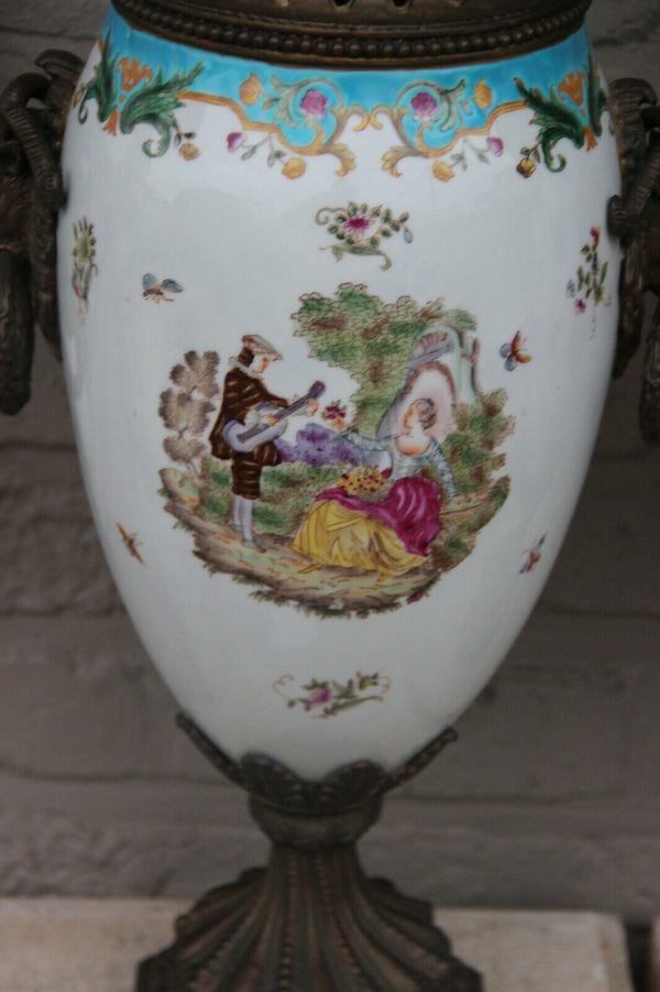 PAIR French antique porcelain bronze ram heads victorian romantic Vases