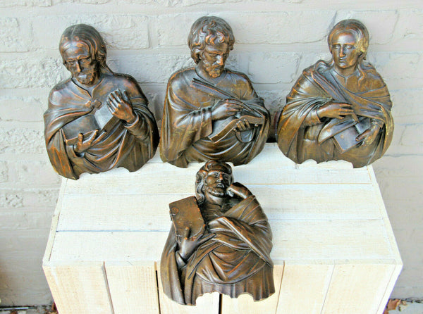 Rare set 4 Antique 1880 Wood carved portrait bust Evangelists Saints Religious