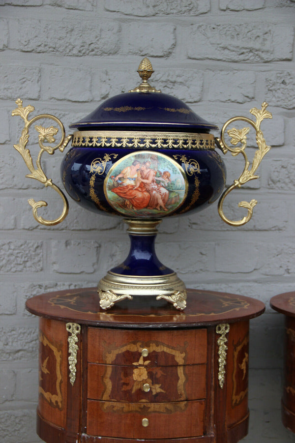 huge French cobalt blue porcelain centerpiece lidded bowl victorian scene