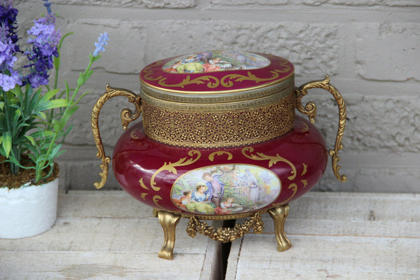 French Limoges burgundy Red victorian scene porcelain Box marked