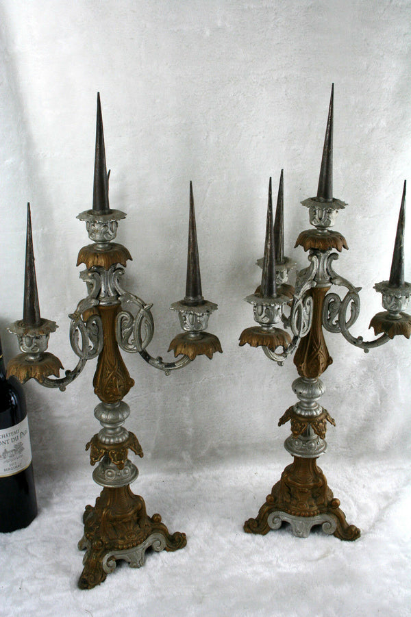 XL PAIR  Religious Church 1900 Spelter Candelabras candle holders neo gothic