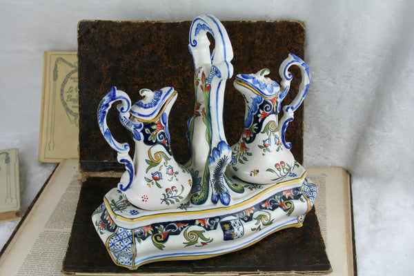 Antique French Faience Oil & vinegar kitchen set polychrome stand