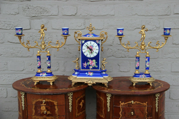 Superb French vintage porcelain putti angels floral clock set candlesticks 1960