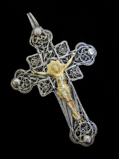 Antique XIX Silver filigree crucifix cross pendant religious jewelry