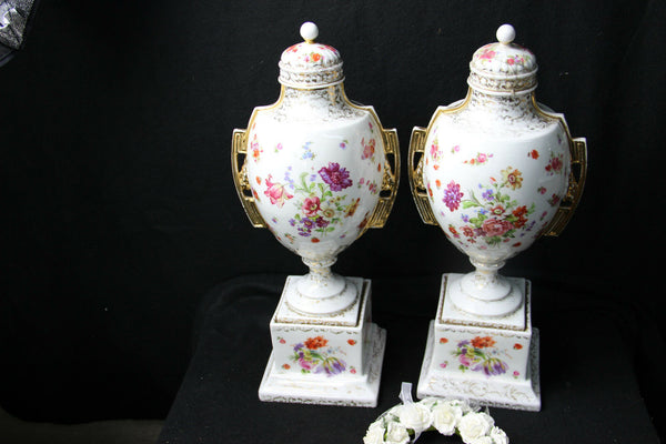 PAIR European marked porcelain Lidded Vases victorian scene floral