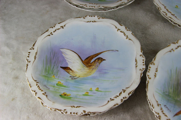 Set 12 French limoges marked porcelain bird pheasant dinner plate signed