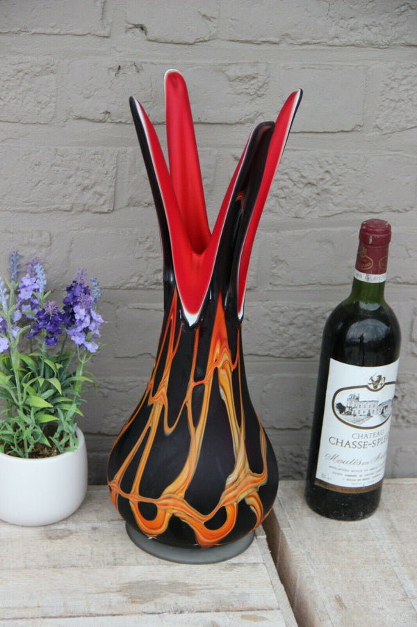 Retro Hand blown Art Glass Murano Vase black red lava Rare form 1970