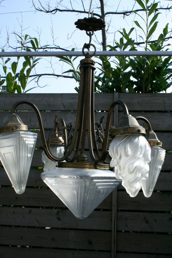 Art deco 1930 Chandelier Glass flame triangle shades
