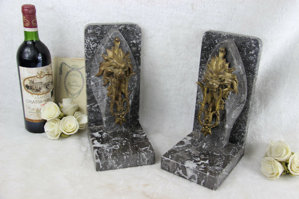 Majestic PAIR MARBLE Bronze lion heads antique French Bookends rare