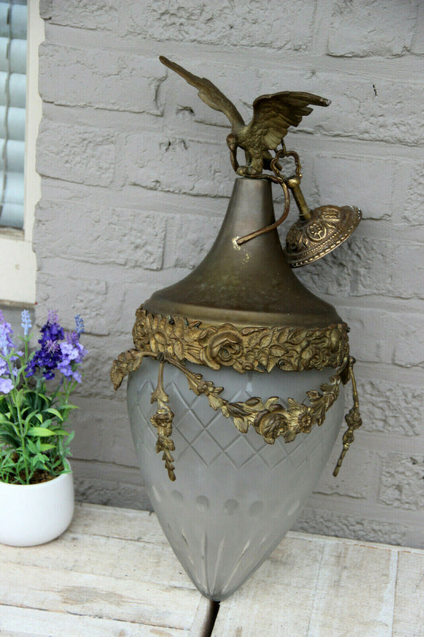 Antique French lantern chandelier brass metal crystal glass shade cut eagle rare