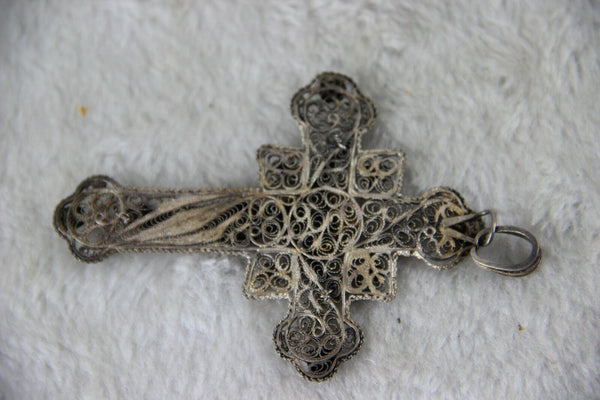 Antique XIX Silver filigree crucifix cross pendant religious jewelry