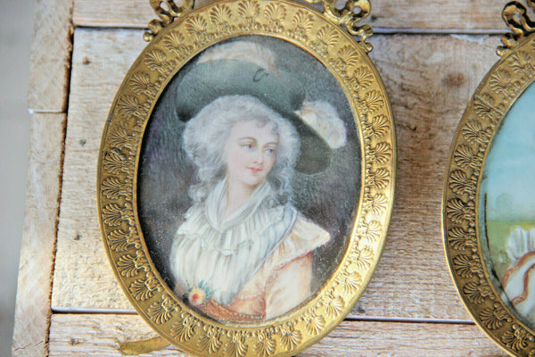 Antique PAIR French miniature paint portraits lady josephine napoleon louis XVI