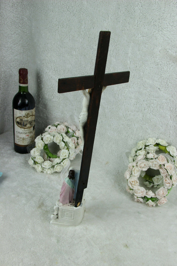 Antique Religious vieux paris  porcelain Crucifix Cross christ magdalena mary