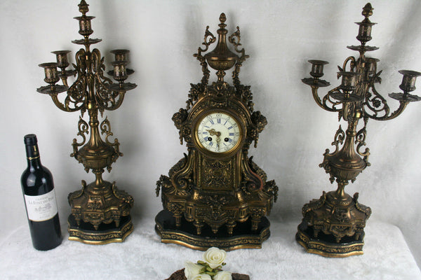 XXL Antique Brussels Clock mantel set candelabras caryatids Bronze Luppens marke