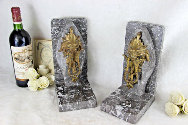 Majestic PAIR MARBLE Bronze lion heads antique French Bookends rare