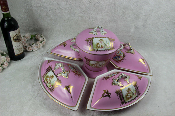 Rare French Porcelain Centerpiece Vase Tray Set putti floral pink limoges marked