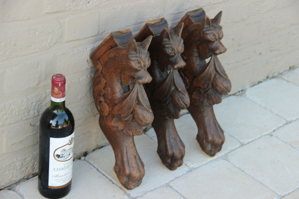 Set 3 Antique wood carved dragon figurines hunt table legs gothic