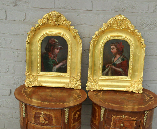Gorgeous PAIR antique French Portrait oil panel painting putti angel frame rare