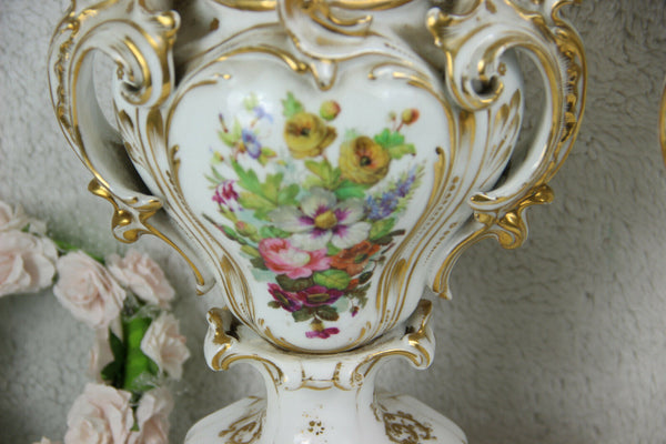 Antique XL 19thc French Vieux paris porcelain music Floral Vases