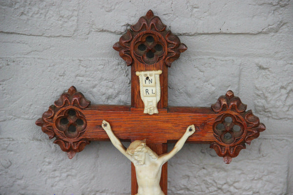 Antique neo gothic wood carved porcelain christ jesus cross religious crucifix