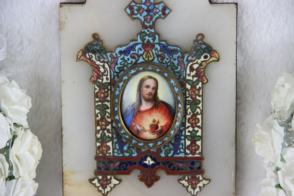Antique French enamel Cloisonne Champleve saint jesus porcelain holy water font