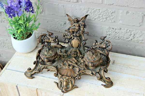 Antique Large French bronze Inkwell art nouveau Satyr devil head gothic dragon