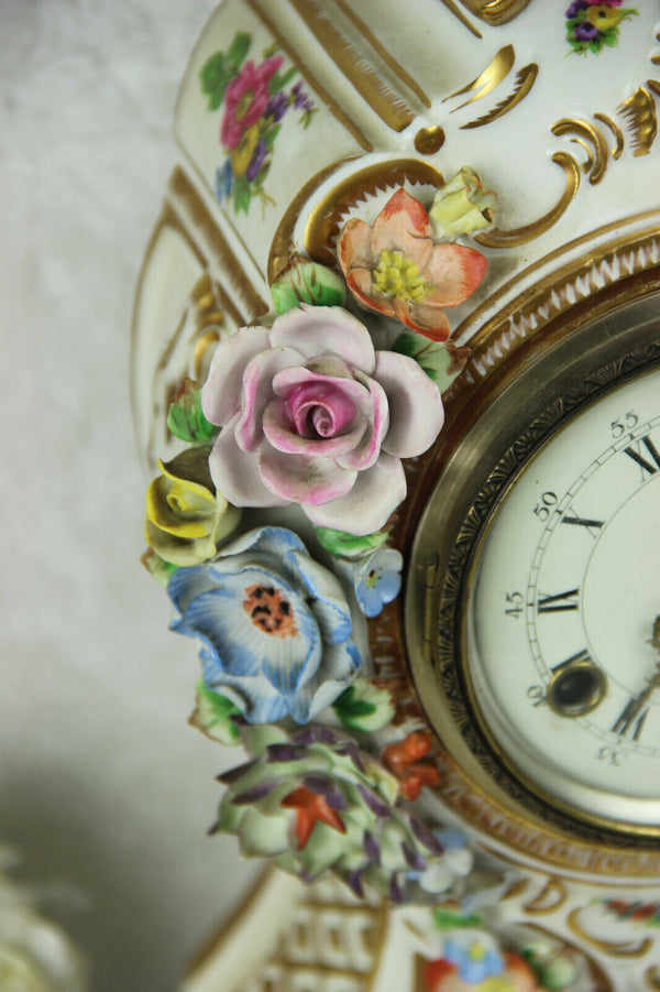 German Dresden porcelain clock with console majolica flower signed
