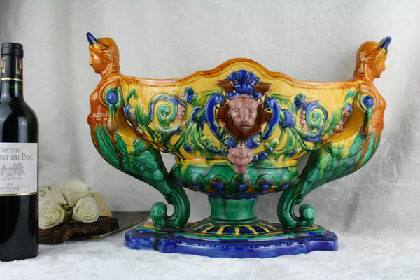 French  Art nouveau 1900 Caryatid Lion head Barbotine majolica Planter Vase n1