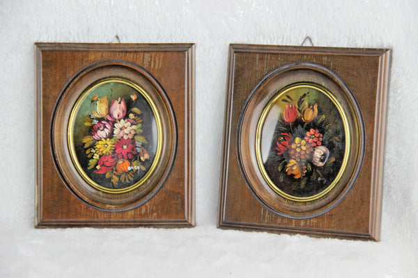 PAIR French Floral painting miniature portraits oval medaillon still live 1960'