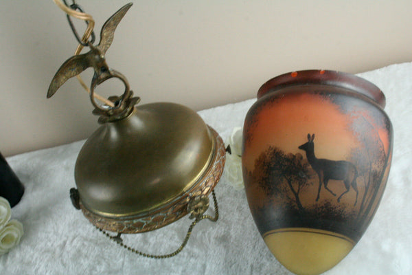 French antique Brass eagle glass paste acorn deer hunt shade rare