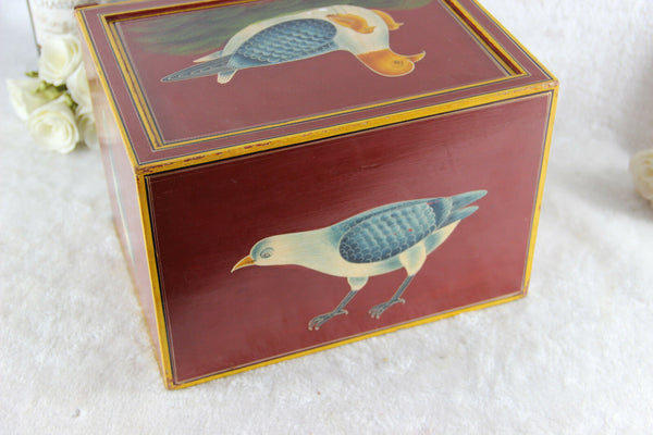 Rare French handmade paint birds Wood carved jewelry Box drawers inside 1970