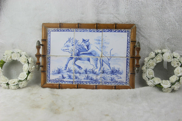 Antique Portugese Ceramic tiles serving tray plate  hunting dog catching boar