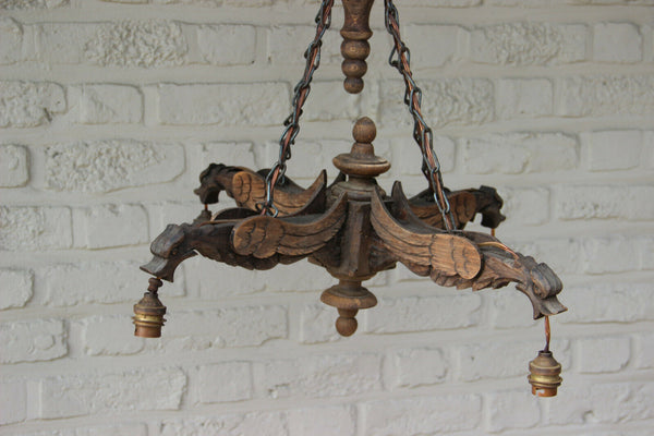 Antique French Gothic Castle 4 Dragon chimaera Chandelier wood carved 19thc