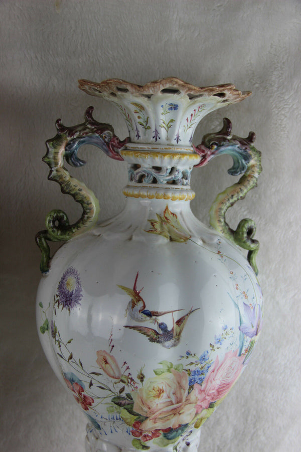 HUGE pair French 1900 marked faience porcelain sea horse dragon vases floral