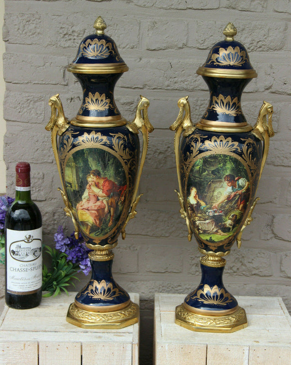 XL pair French limoges porcelain romantic landscape scene Vases