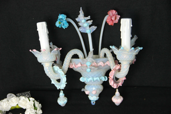 PAIR Murano hand blown glass Venetian wall lights sconces 1970 multi pink blue