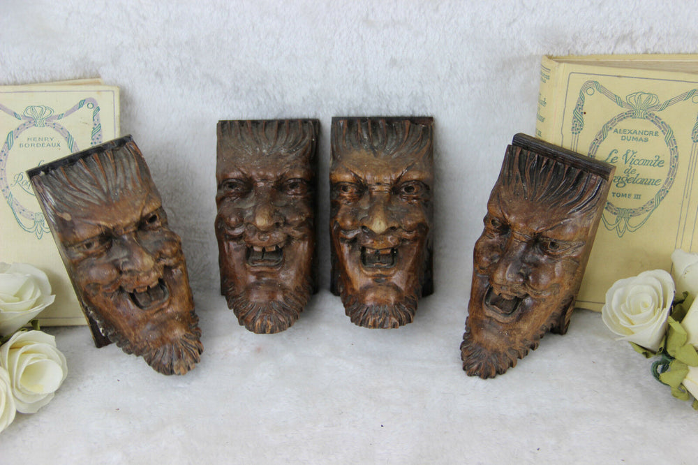 Set of 4 Antique XVIII Wood carved DEVIL gothic figurines head portrait ornament