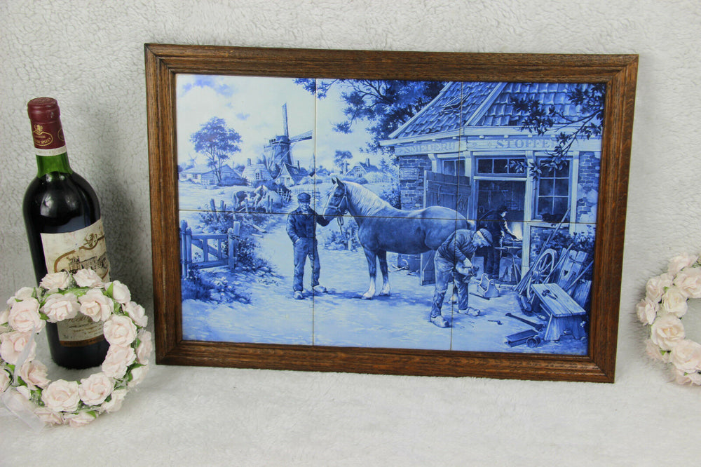 Vintage DELFT blue white pottery tiles panel plaque frame farrier horses