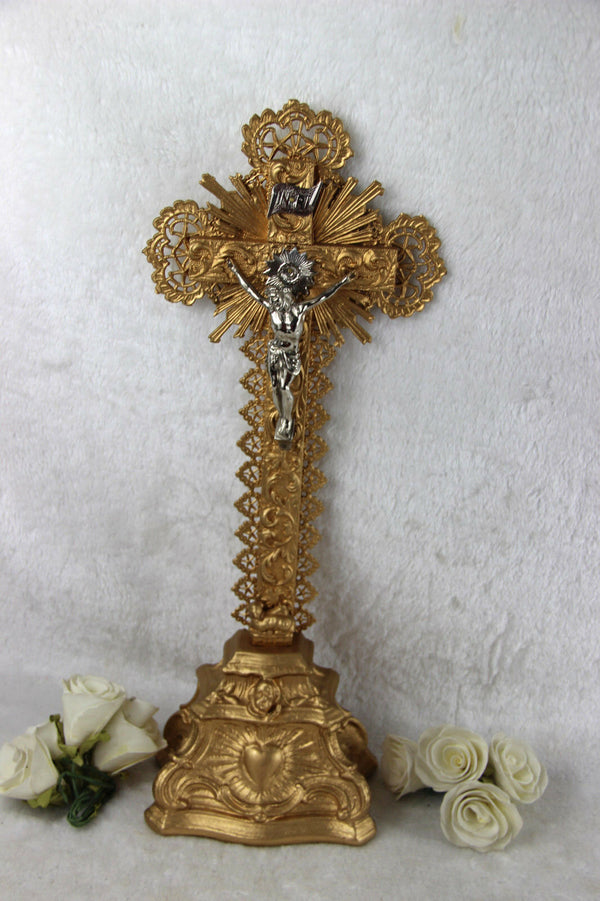 Antique chalkware Crucifix cross lamb putti religious 1920's France