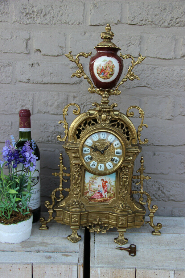 French Bronze porcelain victorian romantic plaque Mantel clock FHS movement