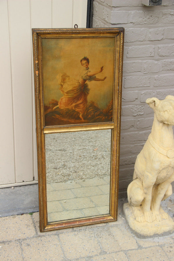 Antique French Trumeau mirror wood stucco litho victorian lady after Boucher