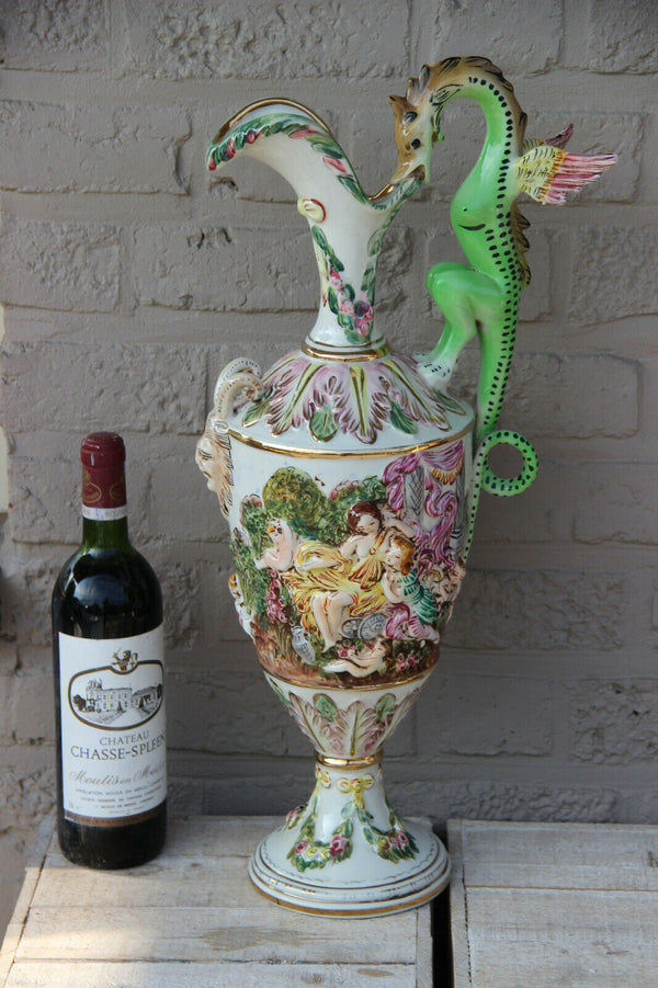 Rare Italian Capodimonte marked porcelain Ewer pitcher vase putti dragon gothic