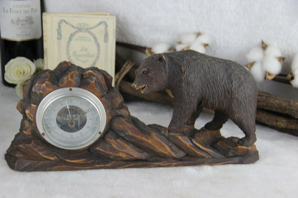 Wood Hand Carved Black Forest Bear Barometer Stand  German 1950s signed