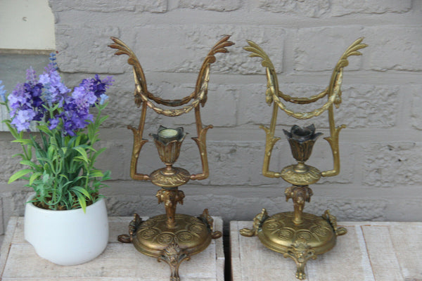 PAIR antique Bronze Empire EAgle satyr lion head special design candle holders