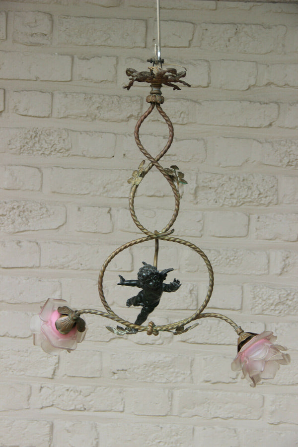 Antique French Art nouveau putti angel spelter Bronze chandelier pendant