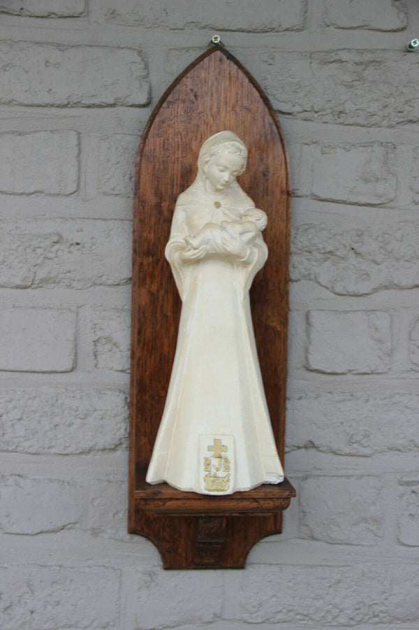 Antique French Religious chalkware Madonna statue on wood console marked